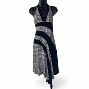 Black & White Asymmetrical Hem Y2K Fairycore Halter V-Neck Floral Midi Dress